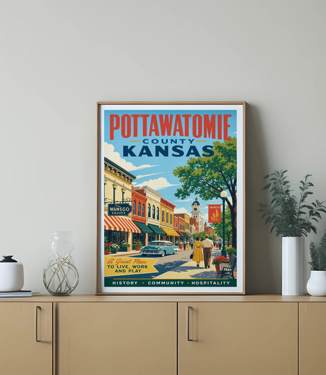 Pottawatomie County Kansas poster showing Wamego main street with shops.