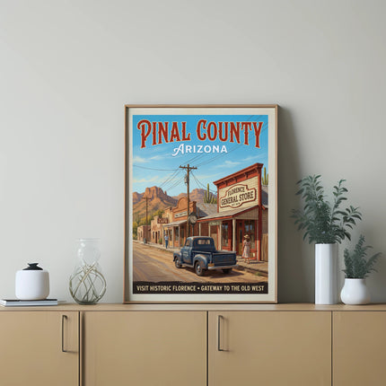 Pinal County Arizona vintage travel poster with Florence General Store and vintage truck.
