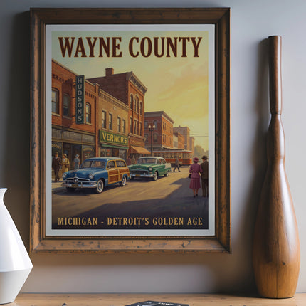 Wayne County Michigan - Detroit's Golden Age poster with vintage cars and buildings.