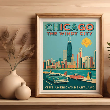 Vintage Chicago The Windy City travel poster with skyline, cars, and text.