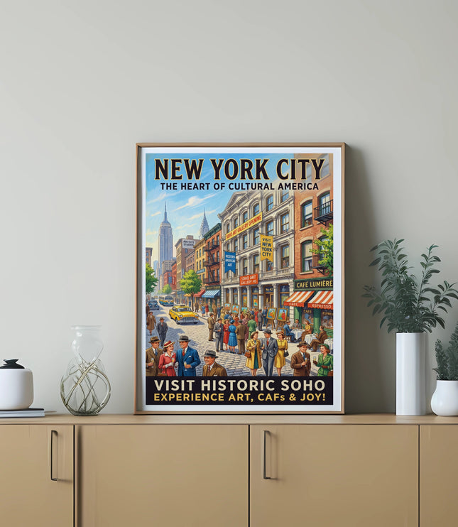 New York City vintage style travel poster of a busy street scene in Soho.