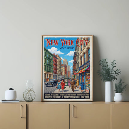 New York City Visit Soho poster with colorful buildings and people.