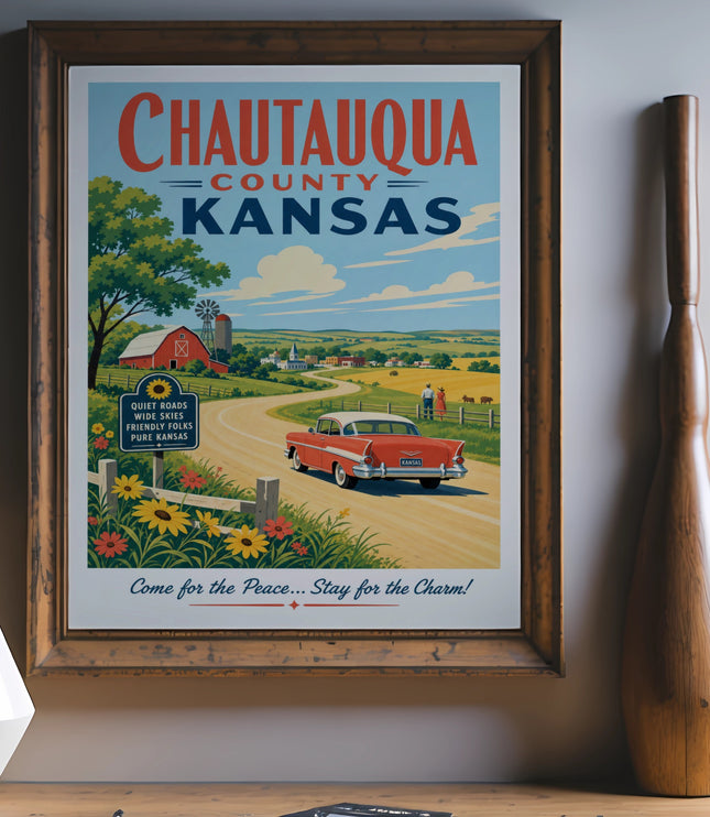 Chautauqua County, Kansas vintage travel poster with car, farm, and text.