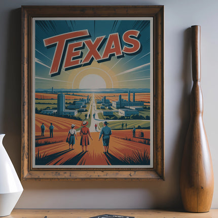 Retro poster of Texas landscape with sun and buildings.