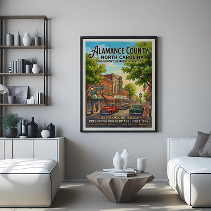 Poster of Alamance County, Burlington's historic downtown with vintage cars and shops.