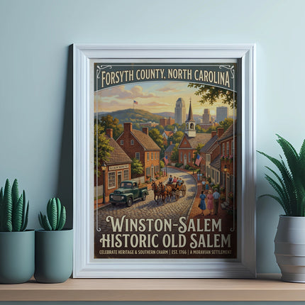 Vintage poster for Winston-Salem, Historic Old Salem in Forsyth County, North Carolina.