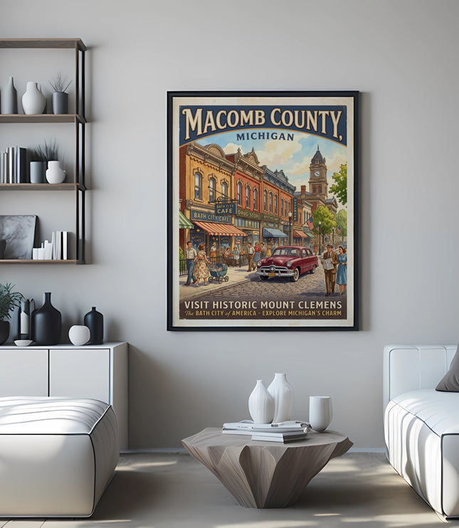 Macomb County Michigan retro travel poster featuring Mount Clemens and bath city charm.