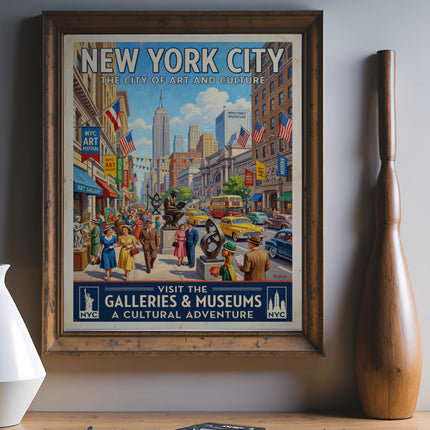 New York City art and culture poster with "Visit the Galleries & Museums" text.
