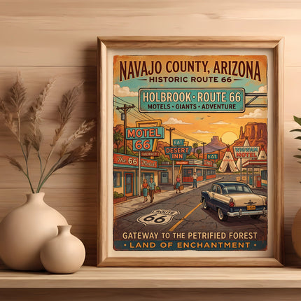 Navajo County, Arizona Route 66 poster with Holbrook, motels, and classic car.