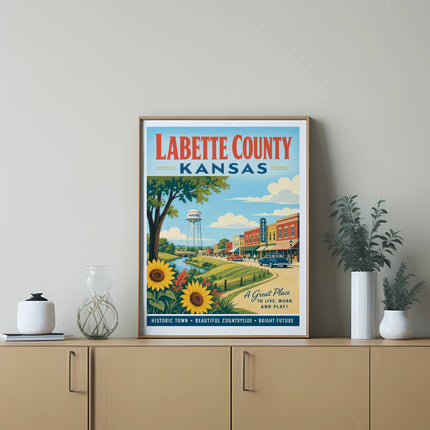 Labette County, Kansas travel poster with sunflowers and historic town.