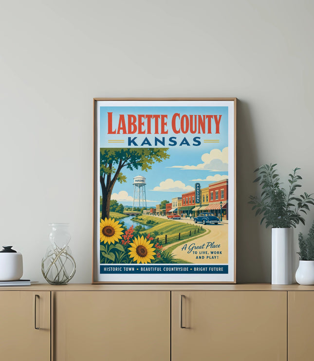 Labette County, Kansas travel poster with sunflowers and historic town.