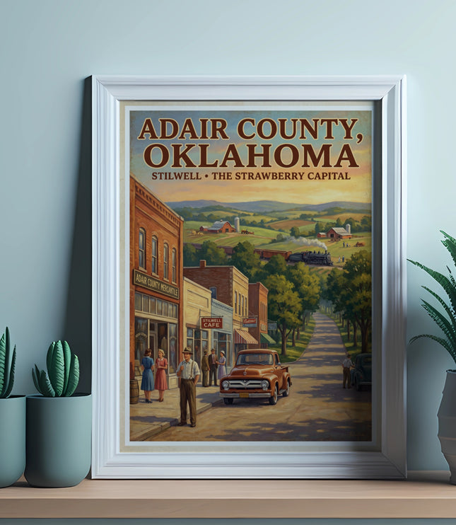 Adair County, Oklahoma Stilwell vintage poster with town scene and train.