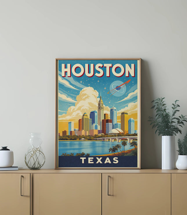 Framed retro poster of Houston, Texas skyline with a rocket in the sky.