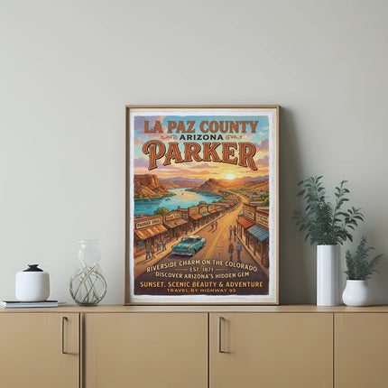Vintage travel poster featuring Parker, Arizona with a river, town shops, and sunset.