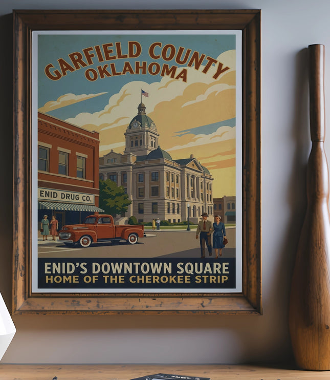 Garfield County Oklahoma poster featuring Enid's downtown square and Cherokee Strip.
