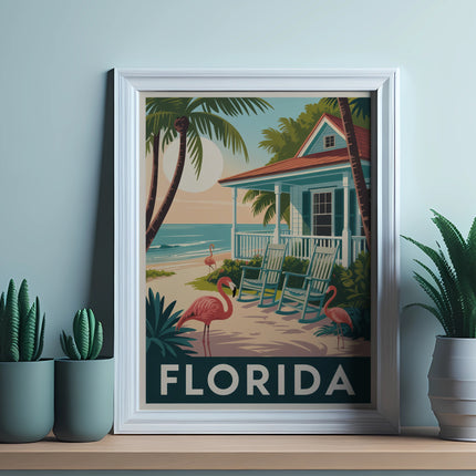 Framed "Florida" artwork depicting a beach house, flamingos, and palm trees.