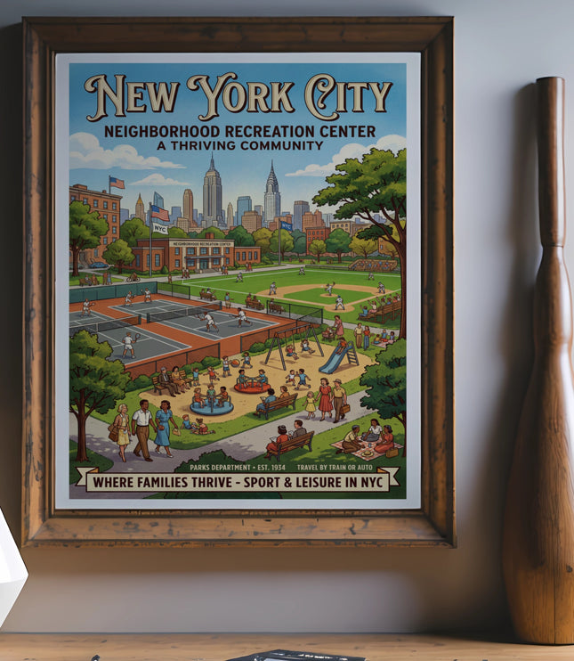 New York City Neighborhood Recreation Center with people enjoying sports and leisure activities.