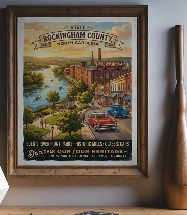 Vintage poster for Rockingham County featuring riverfront parks, mills, canoes, and classic cars.