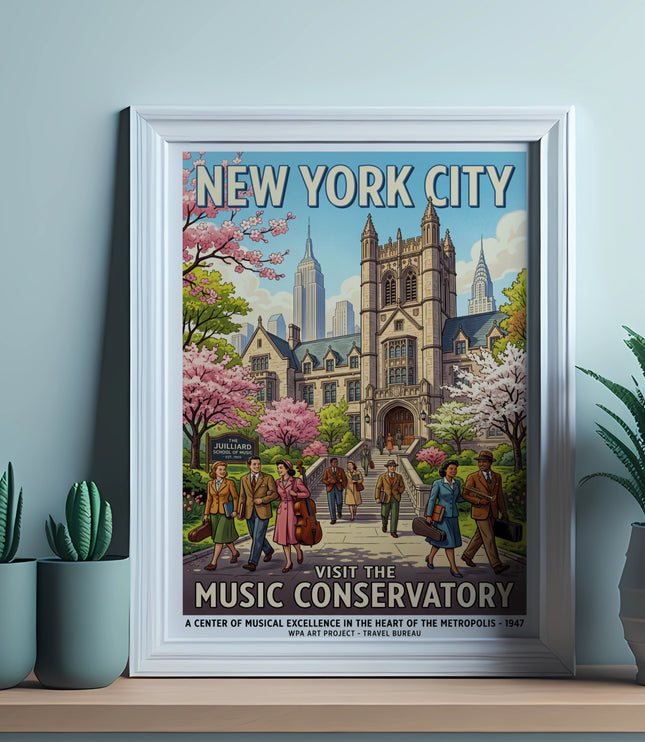 New York City Music Conservatory poster with Juilliard School building and skyline.