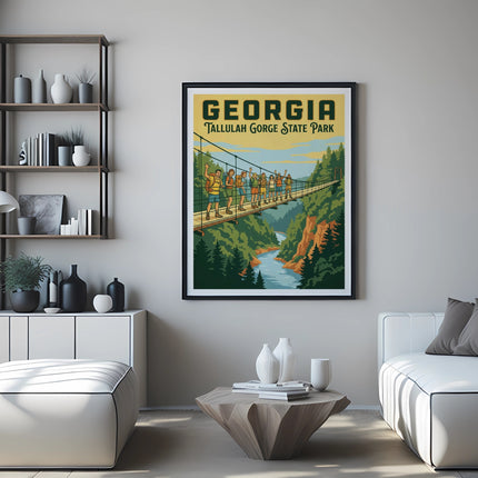 Georgia Tallulah Gorge State Park vintage travel poster with bridge and hikers.
