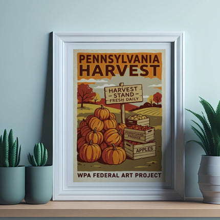 Framed poster of pumpkins, apples, and Pennsylvania Harvest text.