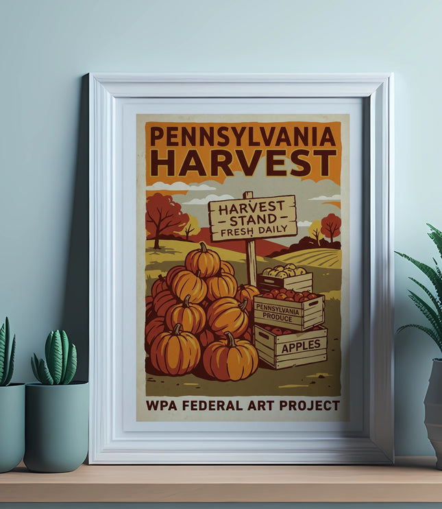 Framed poster of pumpkins, apples, and Pennsylvania Harvest text.