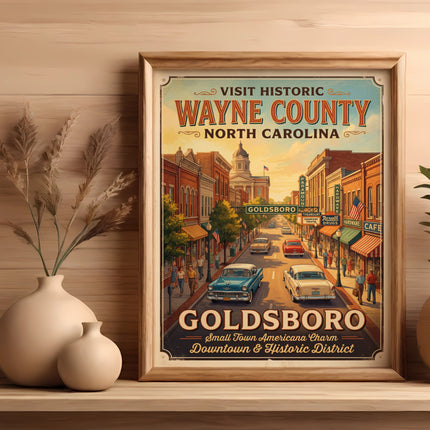 VINTAGE GOLDSBORO, WAYNE COUNTY, NORTH CAROLINA TRAVEL POSTER FEATURING CLASSIC CARS.