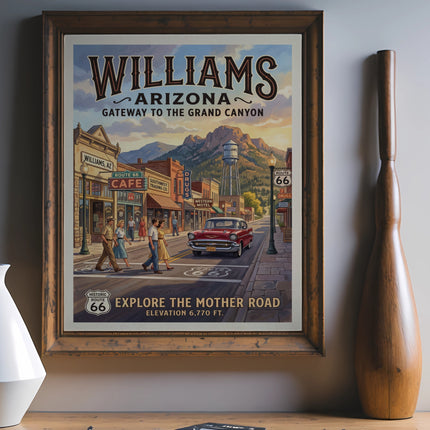 Williams, Arizona Route 66 vintage travel poster showing a red car and downtown scene.