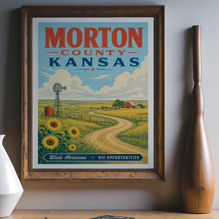 Vintage Morton County, Kansas poster with sunflowers, windmill, and barn.