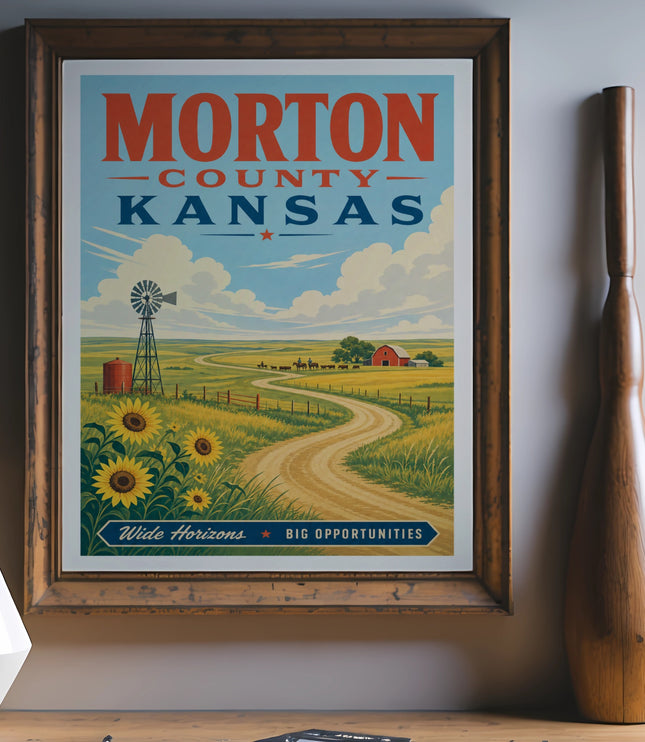 Vintage Morton County, Kansas poster with sunflowers, windmill, and barn.