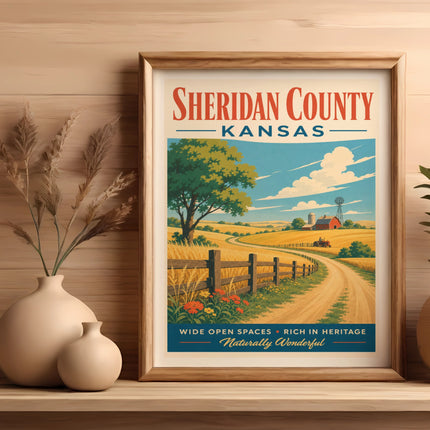 Sheridan County, Kansas, vintage travel poster with rural landscape and text.