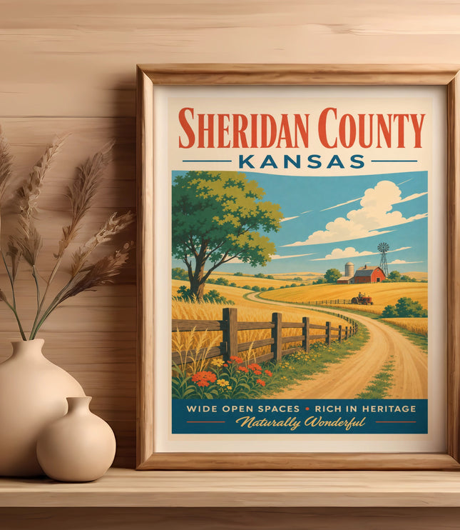 Sheridan County, Kansas, vintage travel poster with rural landscape and text.