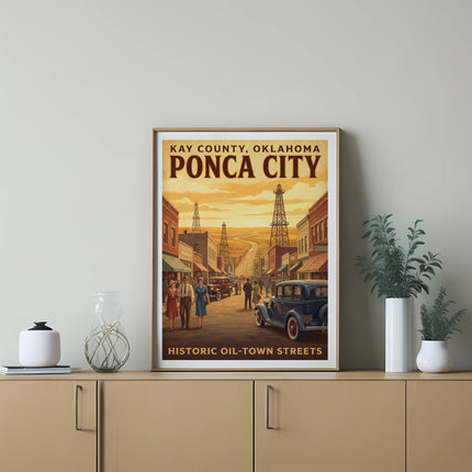 Poster shows "Ponca City, Kay County, Oklahoma Historic Oil-Town Streets" with vintage cars and oil rigs.