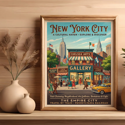 New York City travel poster with Chelsea Arts Gallery and Empire State Building illustration.