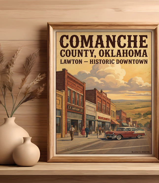 Comanche County, Oklahoma Lawton Historic Downtown vintage poster by T.J. Houston.