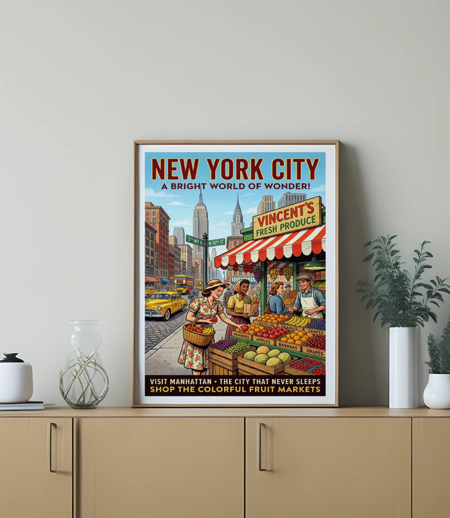 New York City vintage poster depicting a street fruit market with skyscrapers and text.