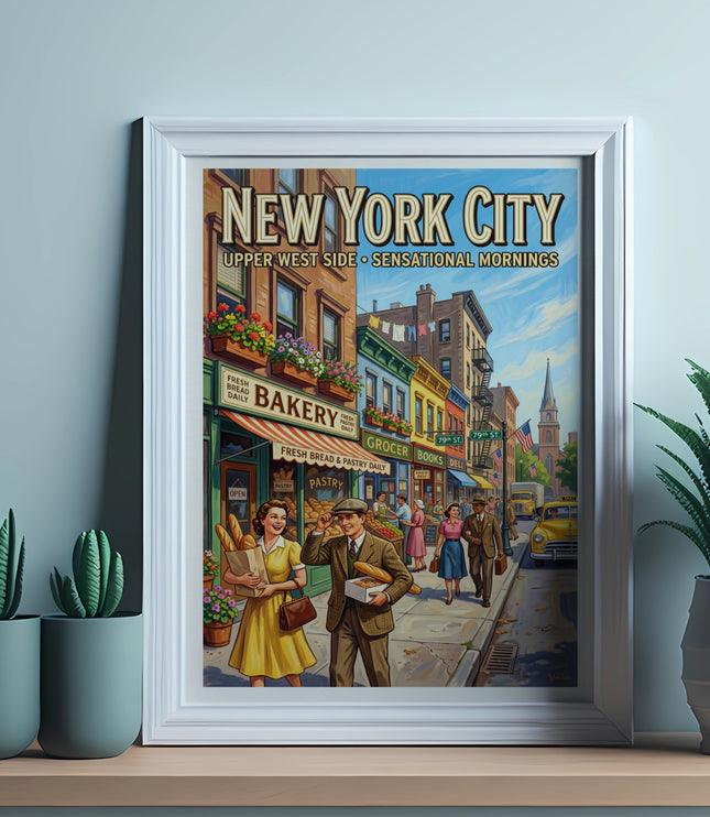 New York City Upper West Side vintage poster with couples shopping.