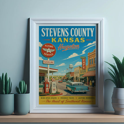 Vintage poster depicting Stevens County, Kansas with a gas station and classic car.