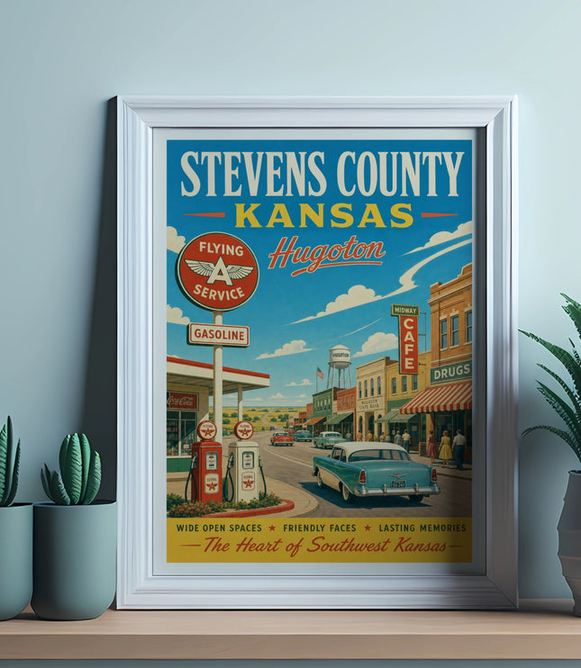 Vintage poster depicting Stevens County, Kansas with a gas station and classic car.