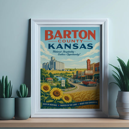 Barton County, Kansas poster with sunflowers and Great Bend welcome sign.