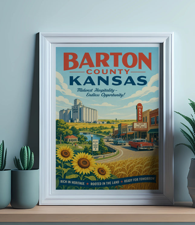 Barton County, Kansas poster with sunflowers and Great Bend welcome sign.