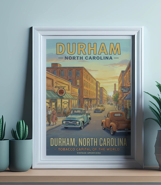 Framed vintage style poster of Durham, North Carolina with shops and classic cars.