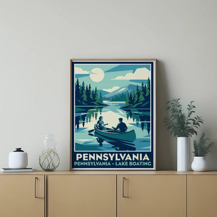 Illustration of two people canoeing on a lake with mountains and trees.