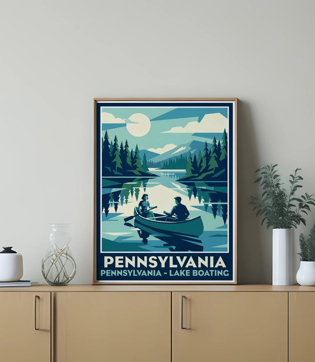 Illustration of two people canoeing on a lake with mountains and trees.