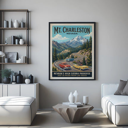 Vintage travel poster of Mt. Charleston, Nevada, with cars on a scenic road.