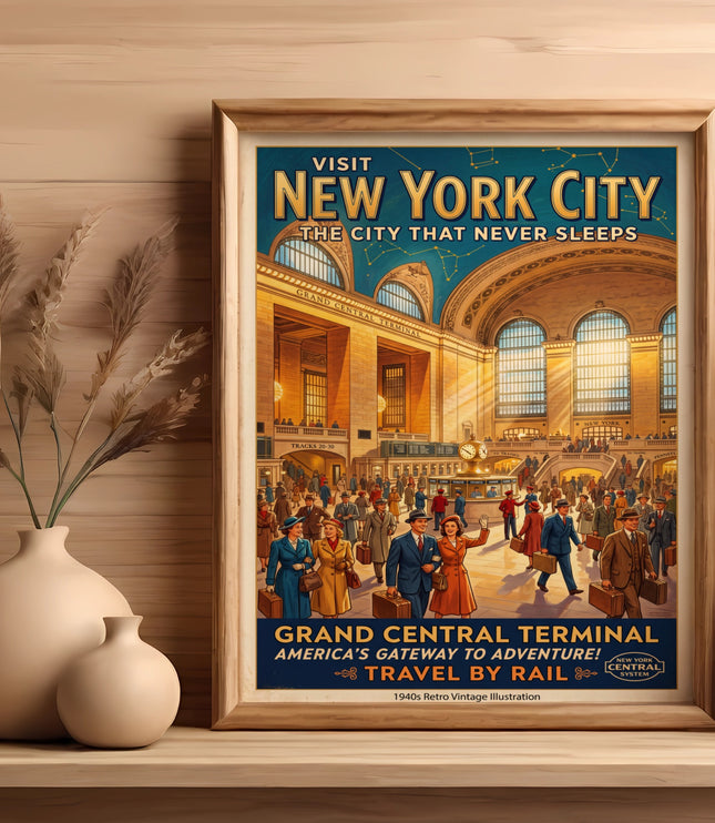New York City vintage travel poster for Grand Central Terminal, "The City That Never Sleeps."