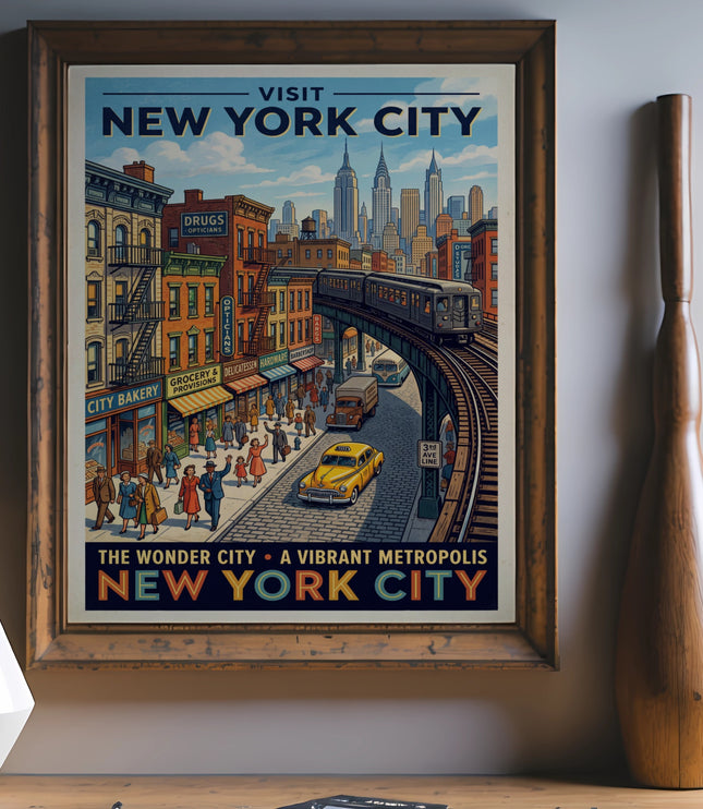Vintage New York City poster with skyscrapers, elevated train, and street scene.