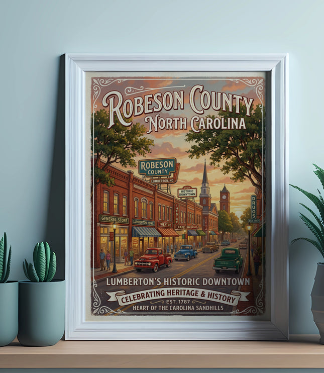 Robeson County North Carolina vintage poster depicting historic downtown Lumberton.