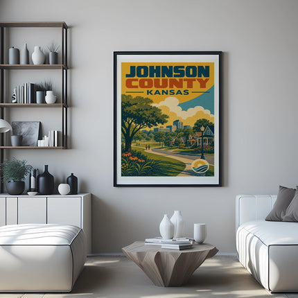 Framed poster for Johnson County, Kansas, featuring a colorful vintage scene.