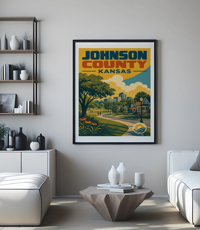 Framed poster for Johnson County, Kansas, featuring a colorful vintage scene.